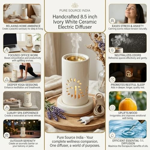 Image of Pure Source India Handcrafted 8.5 inch Ivory White Ceramic Electric Diffuser, Aroma Oil Diffuser, Oil Burner for use in Homes, Offices, Yoga Centre, Spa as Well as Outdoors