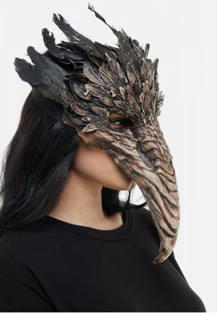 MIMIKRY Masque d'oiseau prédateur avec plumes marron Masque à bec pour Halloween Corbeau Oiseau Commedia dell'arte