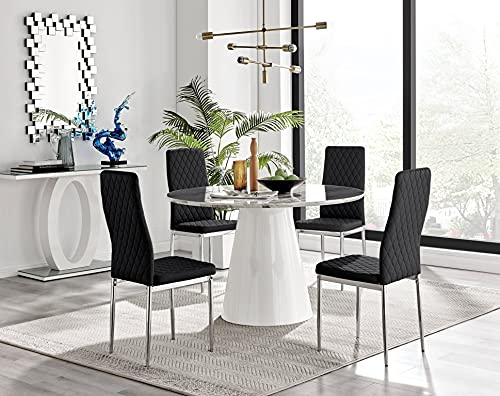 Furniturebox UK Palma White Marble Effect Round Pedestal Dining Table and 4 Black Faux Leather Silver Leg Milan Dining Chairs