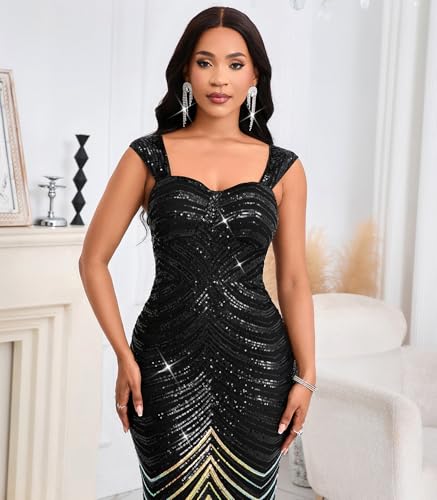 Image of dasmzper Women's Sequin Evening Gown - Elegant Sleeveless V Neck Mermaid Formal Maxi Dress for Wedding, Prom or Party