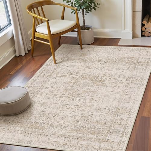HUGEAR Beige Vintage Tapis Salon 120x170cm Lavable en Machine Antidérapant Grand Carpet Descente de Lit Chambre Adulte Salle a Manger Cuisine Bureau Doux Poil Ras...