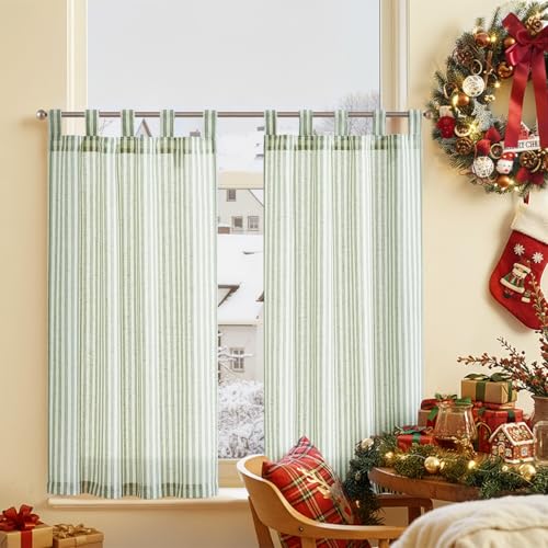 TOPICK Rideaux Cuisine Court Brise Bise Petit Rideau, mélange de Lin, Rayés Vert sur Beige 65 x 90 cm(LxH) Lot de 2 a Pattes, Semi-Transparentes pour Placard...