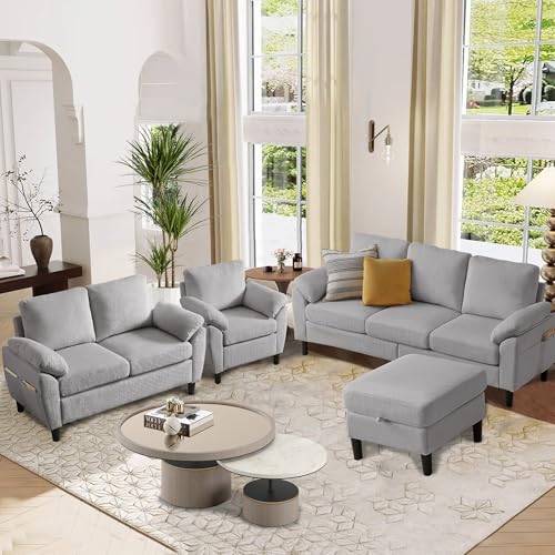 Image of 4 Piece Modern Corduroy Sofa Set, L-Shaped Sectional Couch with Storage Ottoman, Loveseat & Single Arm Chair, Side Storage Pockets, Removable Cushions for Living Room Apartment