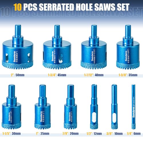 Image of Diamond Hole Saw Kit Tile Hole Saw Kit 10 PCS Serrated Brazing Core Drill Bit Set with EVA Guide Jig Diamond Drill Bits for Porcelain Tile Glass Ceramic Stone Granite Marble
