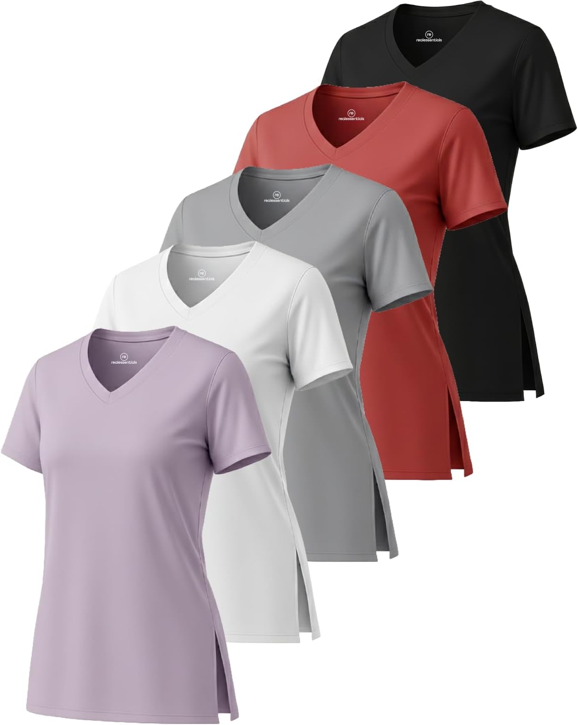 5 Pack: Women's Short Sleeve Split Hem V-Neck T-Shirts, Athletic Tops, Gym, Workout, Yoga, Activewear (Plus)