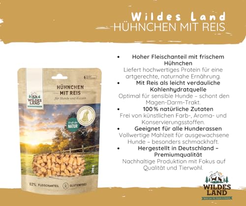 Wildes Land - Hundesnack - Hühnchen mit Reis 2x200g – Fleischsnack für Hunde & Katzen – Monoprotein & glutenfrei – 82 % Huhn – schonend luftgetrocknet – ohne Zucker & Zusatzstoffe