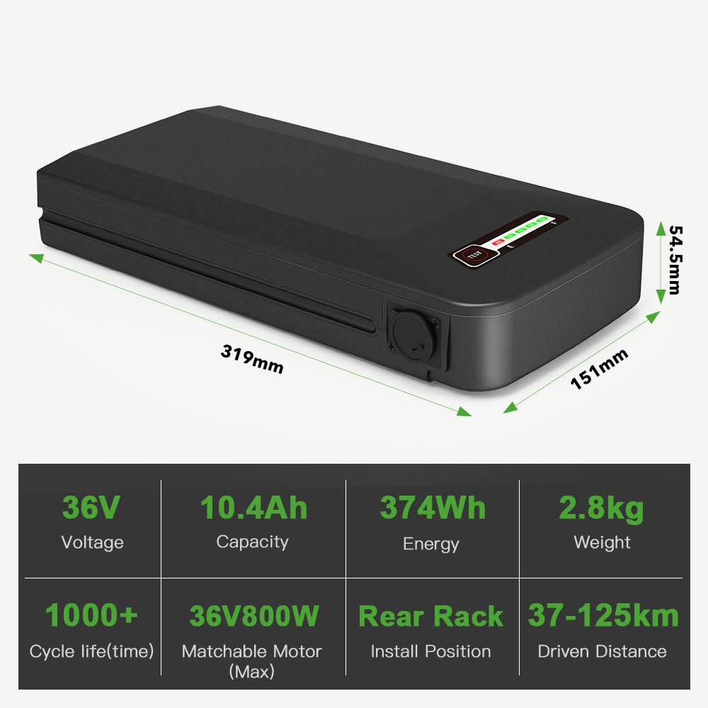 E-Bike Batterie 36V 10,4Ah Li-ion Akku Gepäckträgerbatterie YJ156 Passend für Samsung SDI3610E & BLAUPUNKT