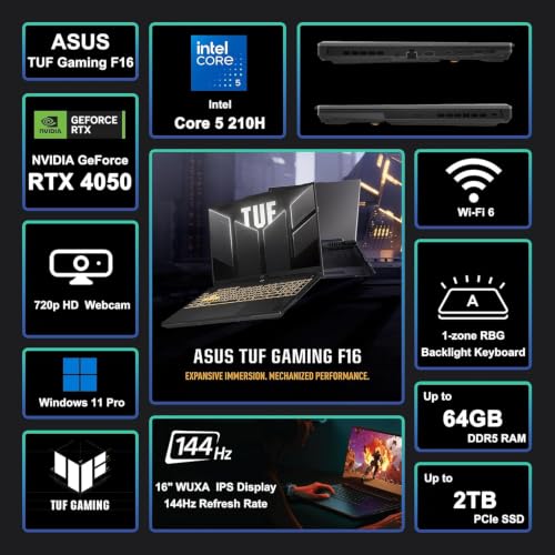 Image of ASUS TUF Gaming F16 Laptop 16 inch WUXGA IPS 144Hz Intel 8-core Core 5 210H 32GB RAM 2TB SSD GeForce RTX 4050 RGB Backlit Thunderbolt Win11Pro ICP Hub