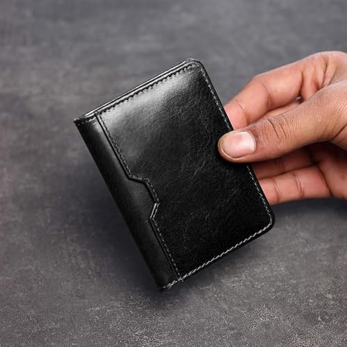 Image of Contacts Genuine Leather Slim Card Wallet for Men | RFID Blocking Minimalist Front Pocket Wallet | Compact Bifold Card Holder with Cash Slot (Black)