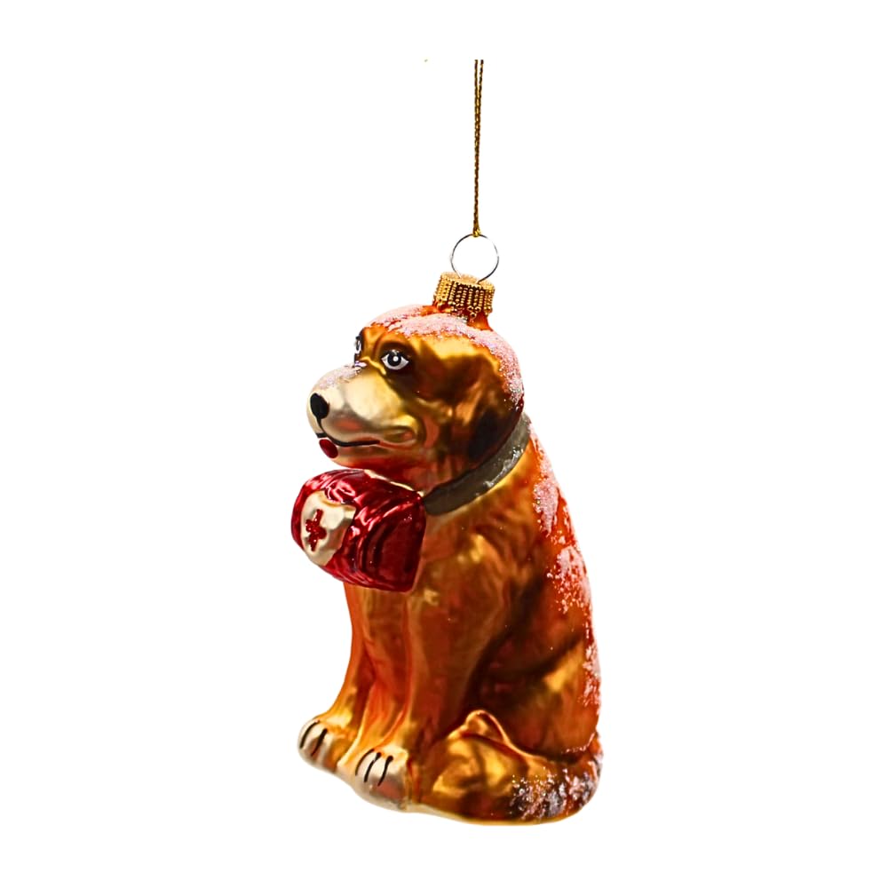 Dekohelden24 Lauschaer Décoration de Noël - Boule de Noël Lauscha en Verre - Décoration de Sapin de Noël - Décoration en Verre Saint Bernard - Marron - en Lauscha - L x l x H 6 x 9 x 11 cm