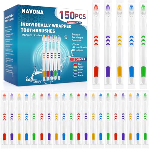 Navona 150 PCS Individually Wrapped Bulk Toothbrush Pack Disposable Soft Bristle for Adult or Kid Ergonomic Handle Perfect for Travel Hotel Donation