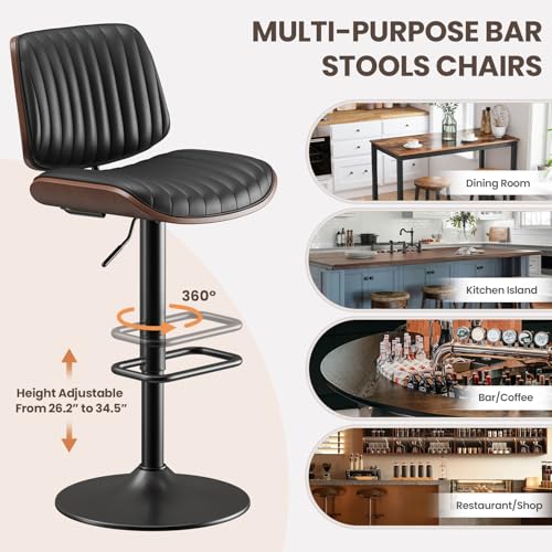 Image of MALOL Bar Stools Set of 6, Adjustable Counter Height Bar Chairs 26 inch-34.5 inch with Swivel & Footrest, Modern Faux Leather Barstools for Kitchen Island, Dining Room,Pub,Black