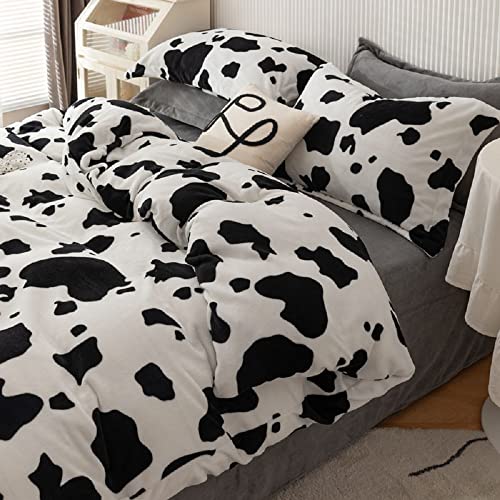 Lanqinglv Winter Flanell Bettwäsche 200x200cm Plüsch Fleece Flauschig Warme Schwarz Weiß Kuhmuster Winterbettwäsche Kinder Bettbezug mit Reißverschluss und 2 Kissenbezug 80x80cm - Image 4