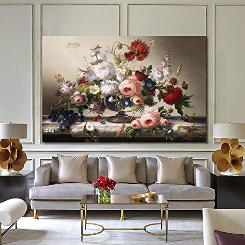 Tableau nature morte fleurs et papillon KEBIA pour salon grand format 80x110cm sans cadre