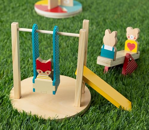 Image of Petit Collage: at The Park Wooden Playset - Wooden Playset for Ages 12mo+ - Includes 4 Moveable Park Rides and 3 Animal Characters - Made with FSC Wood - Makes a Great Gift Idea