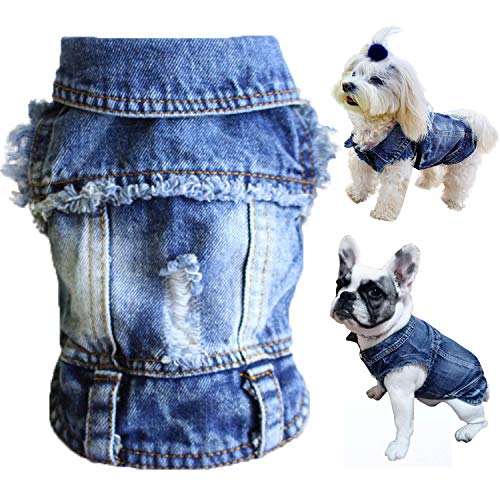 Brocarp Dog Jean Jacket- Blue Denim Lapel Vest Coat T-Shirt Costume Cute Girl Boy Dog Puppy Clothes, Comfort and Cool Apparel, for Small Medium Dogs Cats, Machine Washable Dog Outfits (S, Blue)