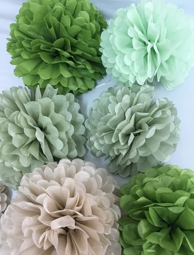 Image of Tissue Paper Pom Poms Kit Paper Flowers 12pieces for Gender Baby Shower Wedding Bridal Bachelorette Birthday Party Decorations (Sage Olive Green)