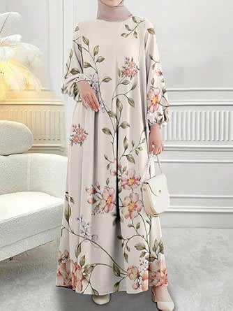 Floral Print Crew Neck Abaya Maxi Dress