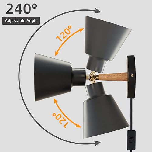 Miniatura 5 de Apliques de pared enchufables, lámpara de pared de cabecera de madera nórdica negra para dormitorio industrial, iluminación de lavabo de baño para