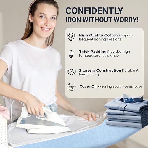 Image of Ironing Board Cover and Pad 18 inchx54 inch Extra Thick Natural Cotton, Scorch and Stain Resistant Iron Board Cover, Extra Large Iron Board Cover with Fasteners Heavy Duty Heatproof Elastic Edge Blue