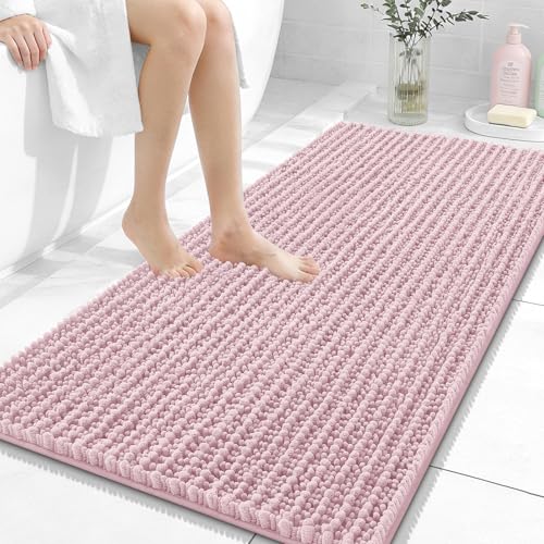 Image of OLANLY Long Bathroom Rugs Runner 47x24, Thick Soft and Absorbent Chenille Bath Mat, Non-Slip, Machine Washable Quick Dry Bath Rugs for Tub Shower Floor, Home Decor Accessories, Dusty Rose