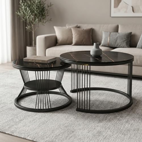 Image of Coffee Table, 20 inch Round Coffee Table Set of 2, Wooden Nesting Table with Metal Frame, Center Tables for Living Room Bedroom Balcony Bedside Table Full Black