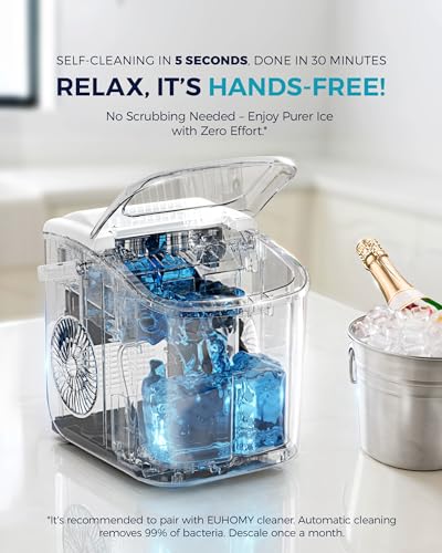 EUHOMY Countertop Ice Maker Machine with Handle, 26lbs Per Day, 9 Ice Cubes Ready in 6 Mins, Auto-Cleaning Portable Ice Maker with Basket and Scoop, for Home/Kitchen/Camping/RV (White)
