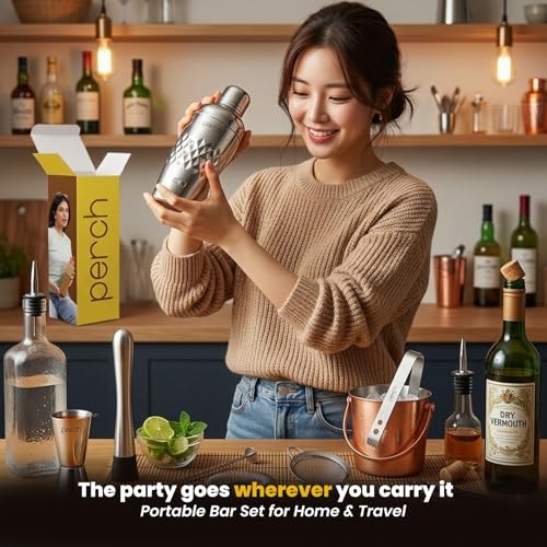 Image of O' Holic by Perch Craft 10-Piece Stainless Steel Bartender Kit|Premium Cocktail Shaker Set with Jigger 30 /60ml, Spoon,Pourer,Ice Tong, & Bar Tools|Professional Bar Set for Home &Tour Parties|Silver