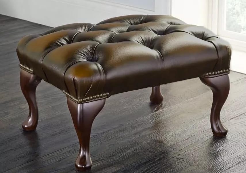 Chesterfield Buttoned Footstool – 100% Genuine Antique Brown Leather | Handmade Ottoman with Deep Button Tufted Design, Premium Foam & Mahogany Hardwood Legs | Luxury UK Craftsmanship