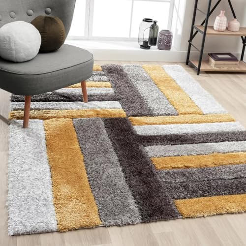 Image of Carpets for Living Room 4 x 6 Feet Soft Smooth Thick Non-Slip Fluffy Shaggy Area Rug for Bedroom, Drawing, Kids Room, Office with Upto 2 Inch Microfiber High Pile (Yellow Black A)