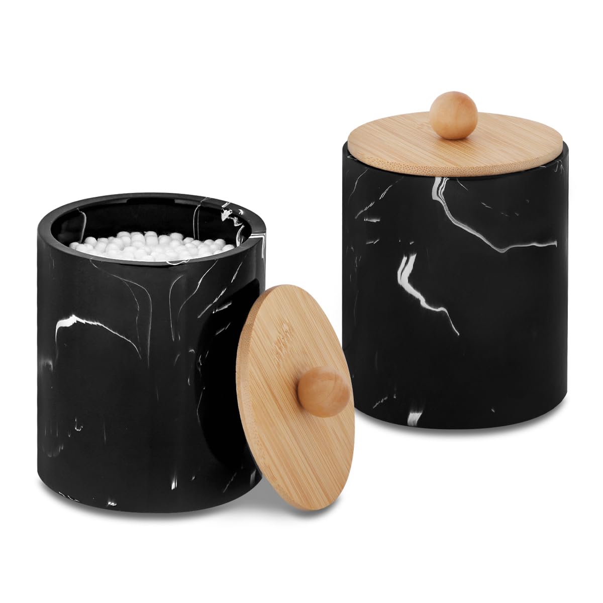 Tonxus Bathroom Qtips Jars with Lid,Vanity Cotton Swab Holder,Resin Apothecary Dispenser Container,Marble Makeup Sponges Canister,Bath Salts Storage Organizer Box (Marble Black with Bamboo Lid of 2)