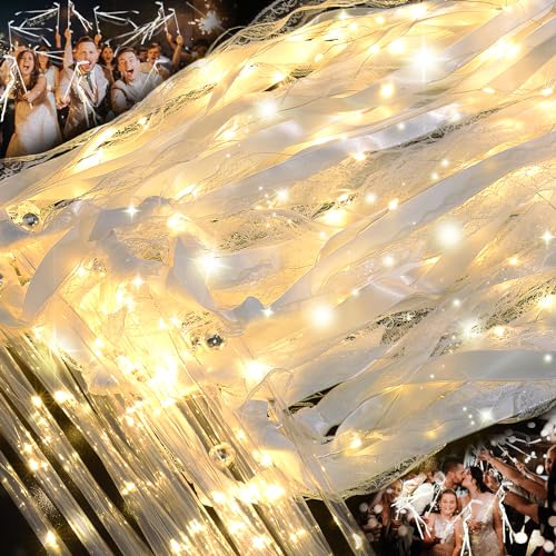 HONLYNE 105 PCS Light Up Wedding Wands LED Fairy Wand Wands Streamers with 3 Flashing Modes LED Silk Fairy Wand with Ribbons Lace and Bells for Wedding Send Off Ideas Parties and Celebrations