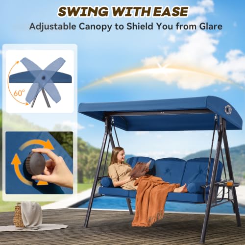 Image of 3 Seat Outdoor Patio Porch Swing with Adjustable Canopy, 3 in 1 Swing for Adults, Patio Swing Chair with Thickened Cushions,Pillows & Cup Holders for Backyard, Porch, Garden (Blue)