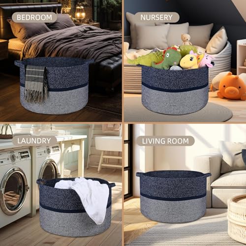Image of Handmade Large Cotton Rope Storage Basket, Cotton Rope Basket for Blankets, Woven Storage Bin for Bedroom Nursery, Clothes Hamper for Laundry, Large Laundry Hamper, 86L Tall Laundry Basket Blue