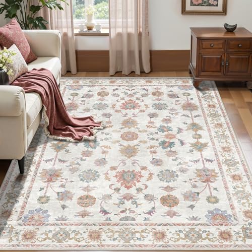 Tapis lavable 3x5 beige floral vintage bohème antidérapant HQHYGM