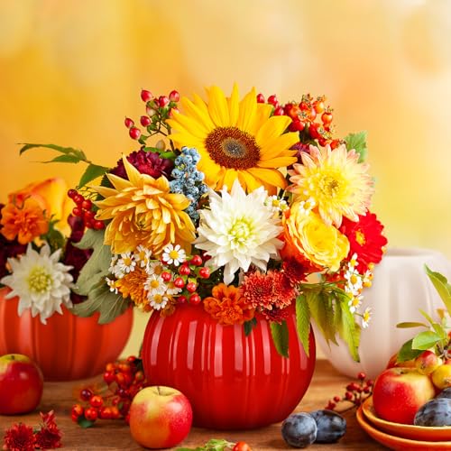 Sieral 3 Pcs Pumpkin Shape Ceramic Vase Fall Flower Vase 5.5 Inch White Orange Red Ceramic Pumpkin Flower Pot for Fall Thanksgiving Party Home Room Office Farmhouses Decoration