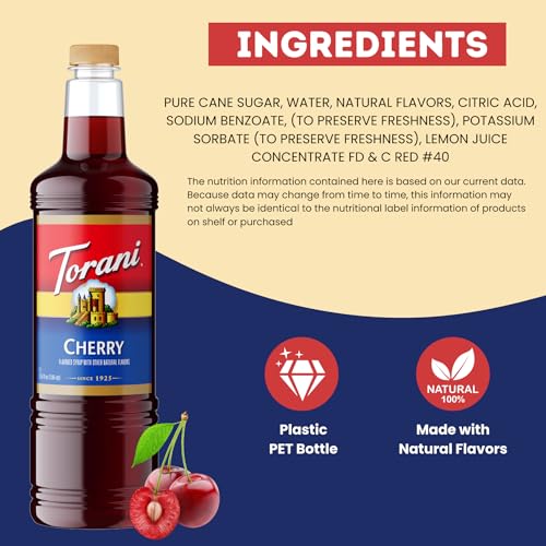 Image of Torani Cherry Syrup 1L with Pump - Lattes, Cocktails & Lemonades