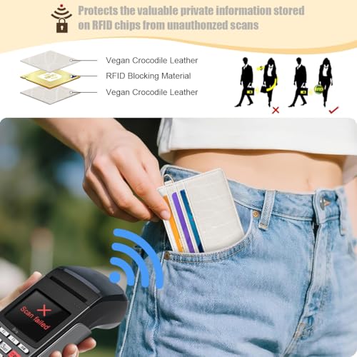 Image of Slim Credit Card Holder Crocodile Wallet Women Thin Wallets | Alligator Print RFID Blocking Minimalist Lightweight Pocket Small Cute Cards Holders ID Window, Beige Croc