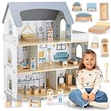 Mamabrum Holzpuppenhaus 3-Etagen mit Möbeln & Zubehör - Sicherheitsgeprüftes Kinderspielhaus...