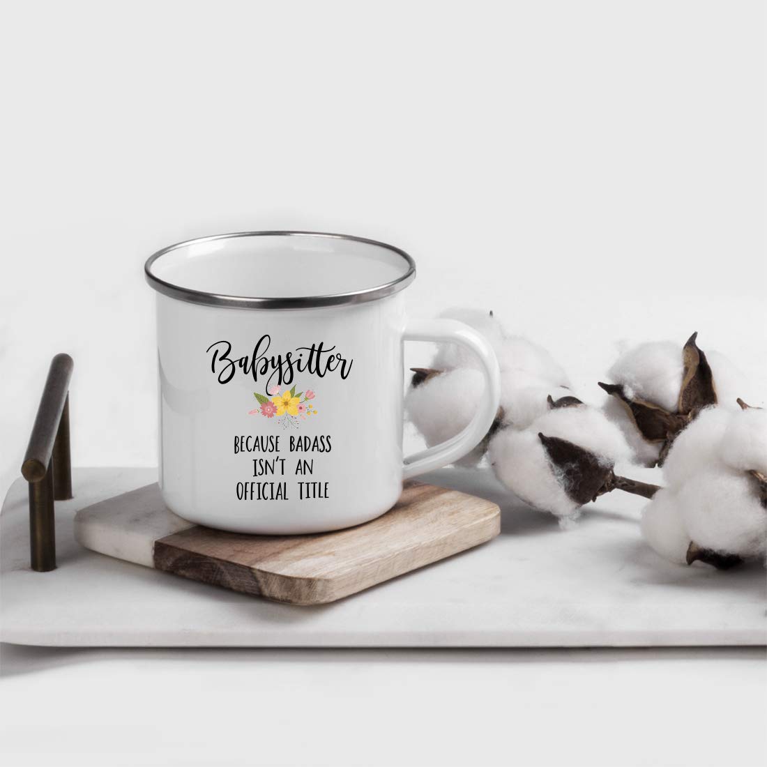 Andaz Press 11oz. Stainless Steel Campfire Coffee Mug Gift, Babysitter Because Badass Isn't an Official Title, Floral, 1-Pack, Enamel Metal Camping Camp Cup Christmas Birthday Present Ideas