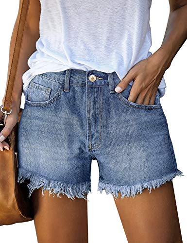luvamia Women's Juniors Mid Rise Shorts Frayed Raw Hem Casual Stretchy Denim Jeans Shorts Blue Medium