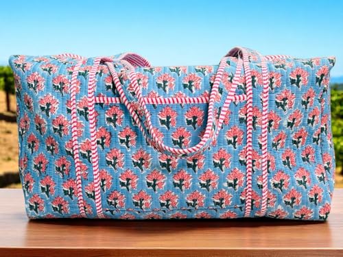 Large Size Beautiful Block Print Cotton Quilted Duffle Bag,Decoratulive Weekender Bags,Indian Handmade Floral Print Travel Overnight Bags (color-3, 20x10x10")3