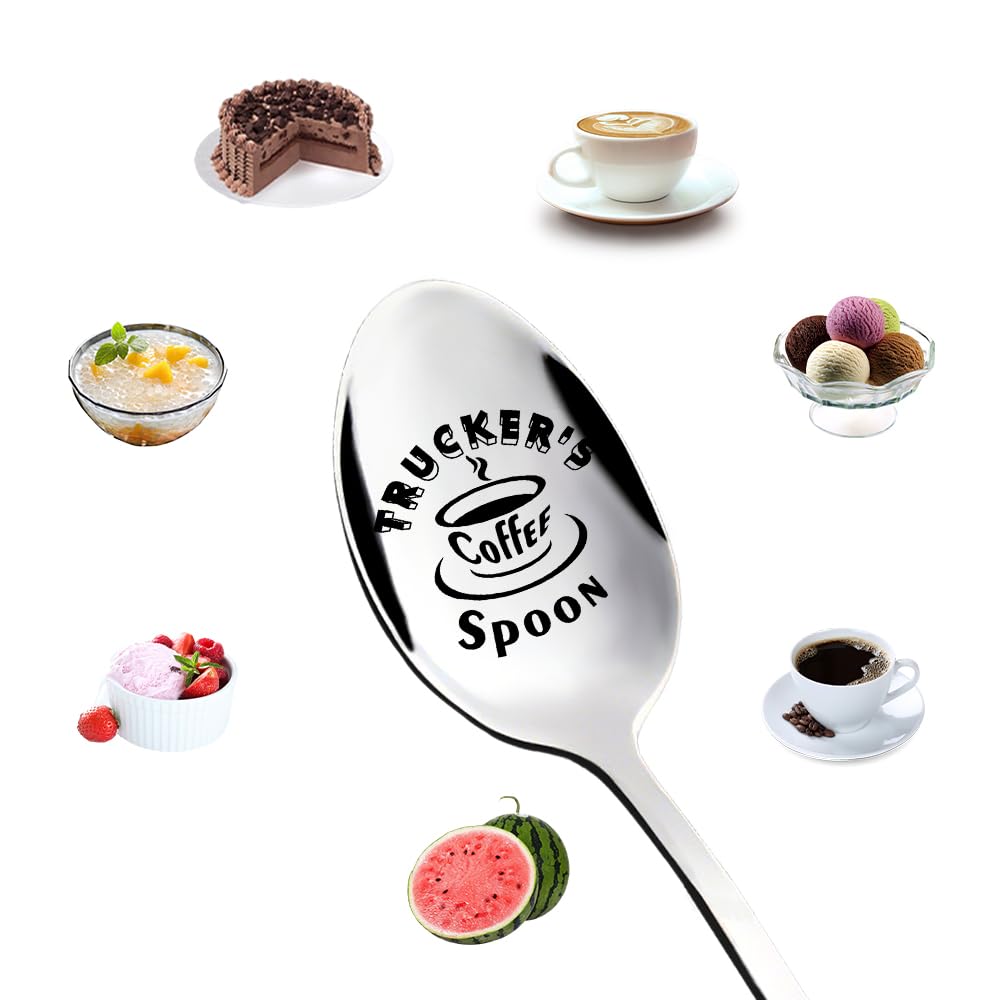 Sisadodo Dad Birthday Gifts for Lorry Driver Truck Drivers Thank You Appreciation Gifts for Husband Boyfriend Trucker's Coffee Spoon Engraved Long Handled Gift Spoons for Trucker Tea Coffee Lover