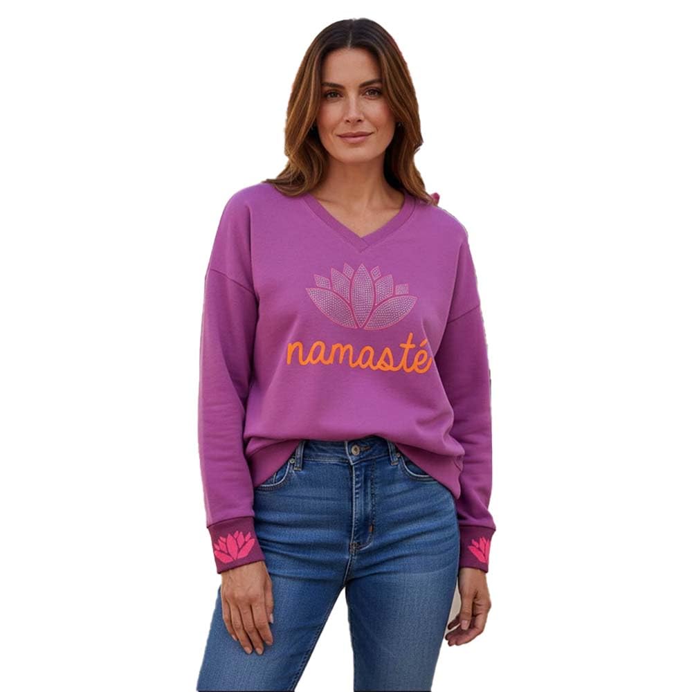 Miss Goodlife Damen Sweatshirt, Namaste Strass V-Neck, MG13637, Crocus/Multicolor,