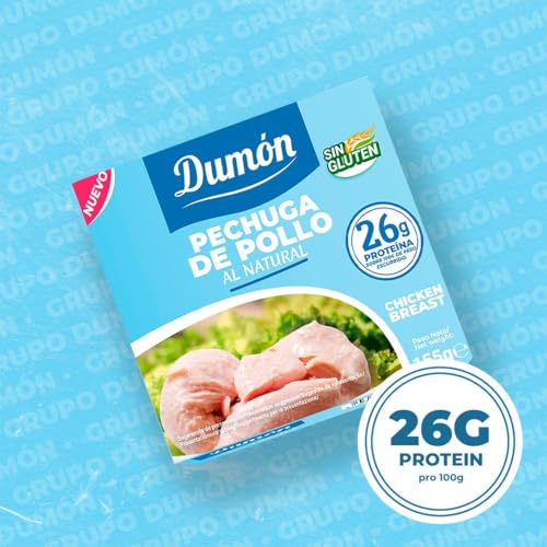 12 Einheiten von 155g. Dumon Hähnchenbrust in Dosen. Hühnchen im eigenen Saft oder Wasser. Konserven mit hohem Proteingehalt, 26 g pro 100 g natürliches Huhn. Leicht zu öffnen.