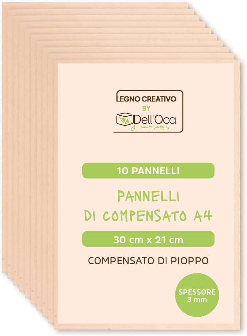 Creative Wood by Dell'Oca 10 Sheets A4 Poplar Plywood 3 mm Thick - B/BB Quality - Plywood Sheets for Decoration, Pyrography, DIY, Modeling, Painting