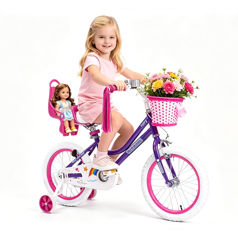 Image of WinHope Girls Bike with Doll Seat, 12 14 16 18 20 Inch Kids Bike for 2-12 | Dual Brake with Training Wheels / Kickstand & Streamers Birthday Gift for Toddler Outdoor Riding, Multiple Colors