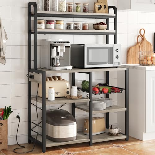 GarveeHome Microwave Stand Bakers Rack with Power Outlet, Kitchen Baker Rack with Wire Basket, 6-Tier Large Freestanding Utility Storage Shelf for Kitchen Dining Living Room, Rustic Gray