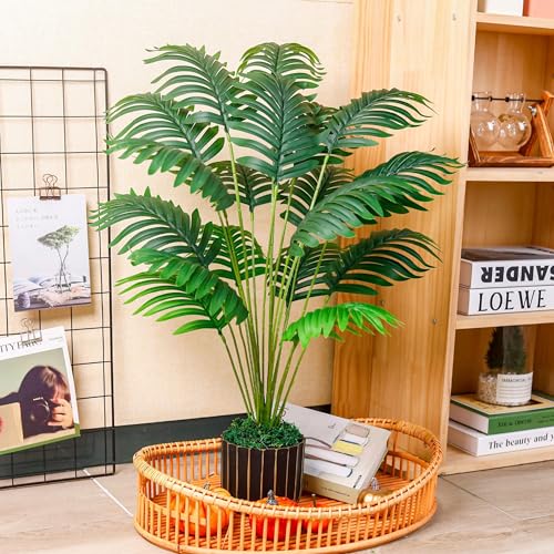 Image of Der Rose 28 inch Fake Palm Tree in Black Gold Pot for Living Room Decor
