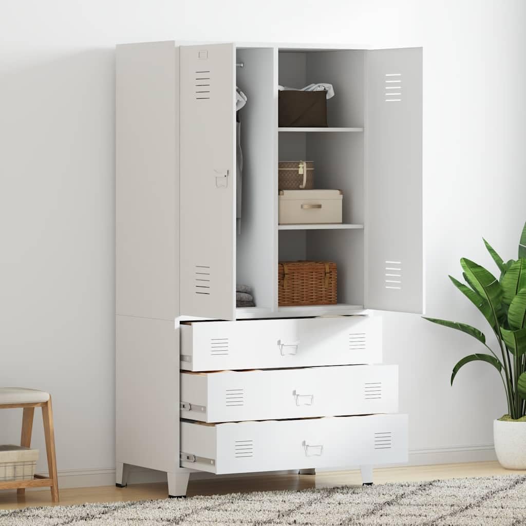 Armario industrial blanco 90 x 50 x 180 cm de metal con 2 estantes, barra para colgar, rejillas de ventilación, soporte para placa de nombre, soporta hasta 85 kg, ideal para dormitorio